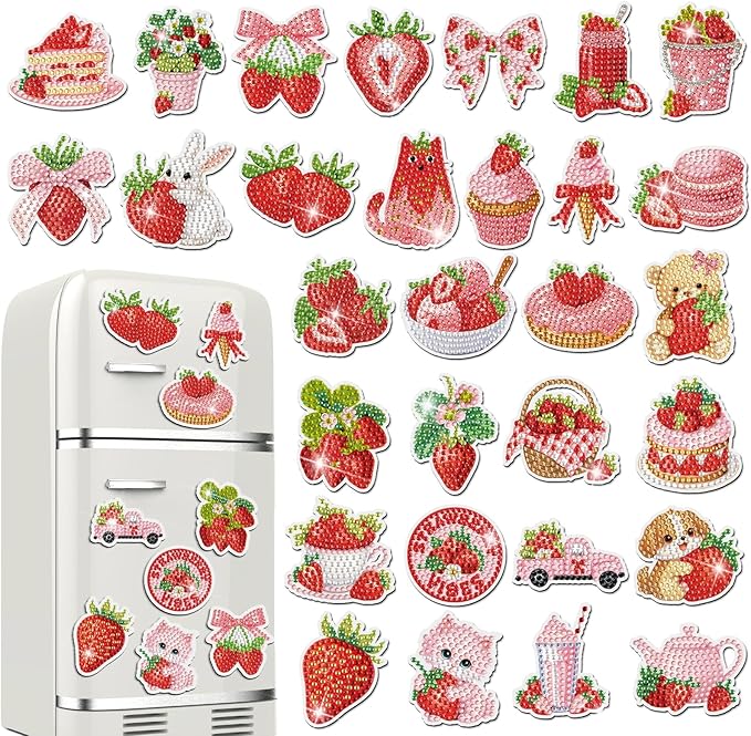 30 Pcs Strawberry Diamond Art Painting Magnets Kits Shortcake Magnetic Fridge Diamond Art Painting Kits Summer Cute Fridge Sticker Magnet 5D DIY Craft for Adult Beginner Gifts Toy Home Office Decor