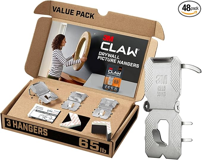 3M CLAW(TM) 65 lb. Drywall Picture Hanger With Spot Markers, Heavyweight Hanging Solution for Room Decor and Office Decor, Including Mirrors or Large Art – 3 Pack