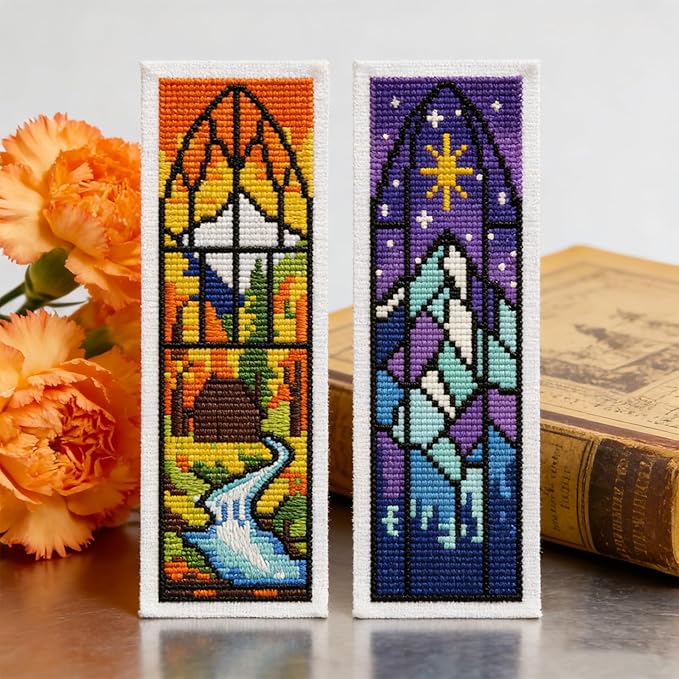 ACRNIGHEET 6PCS Cross Stitch Kits Stamped Cross Stitch Bookmark Kit for Beginner Adults Window View DIY Embroidery Bookmark Kit Needlepoint Kits with Instructions Book Lovers Craft Gift 8.5''x3'' 11CT