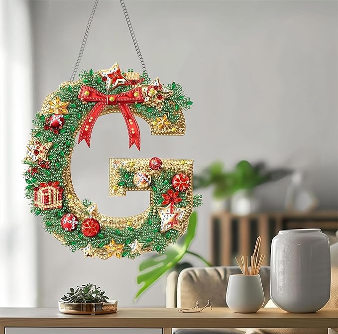 Bimkole Christmas Diamond Art Hanging Kit for Adult, DIY 5D Diamond Art Letters Window Pendant, Acrylic Crystal Art Hanging Ornament Home Wall Garden Front Door Sign Outdoor Decor 7.8x7.8 Inch