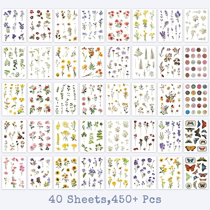 40 Sheets Flower Stickers - Waterproof Scrapbook Sticker & Junk Journal Supplies, Spring Nature Stickers for Adults DIY Crafts