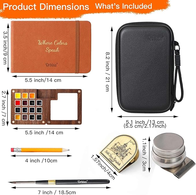 Orbixa Mini Watercolor Travel Set, 15 Artist-Grade Colors in Solid Walnut Palette, 100% Cotton Sketchbook, Water Brush, Water Cup & PU Leather Case — Portable Painting Gift for Artists (Cosmic Orange)