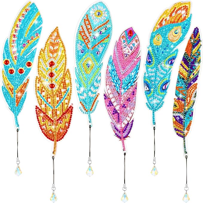 Henoyso 6 Pcs Diamond Painting Bookmarks Kits DIY 5d Feather Bookmark Rhinestone DIY Bookmarks Crystal Diamond Art Acrylic for Crafts Gifts Adult Arts Supply