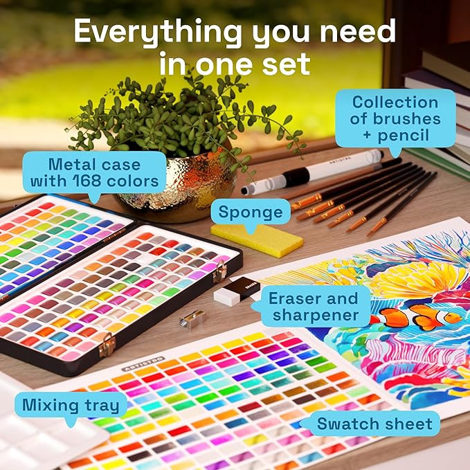 ARTISTRO Deluxe Watercolor Paint Set with 168 Colors – Vivid Colors in a Portable Box – Travel Watercolor Set with Complete Palette