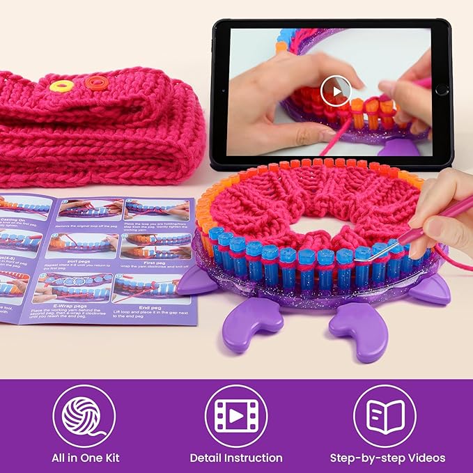loom knitting kit for beginners - diy hat & scarf craft toy with buttons - fun crochet toy for kids ages 7 8-12 - perfect birthday and christmas gift for girls