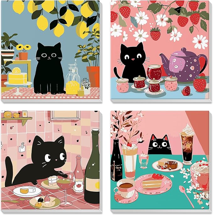 4 Pack Paint by Numbers Kit for Kids Beginner with Wooden Frame, Funny Black Cat, Paint by Numbers Kit for Adults, Black Cat Birthday Cakes And Flower, DIY Painting Kits for Home Wall Decor 8x8 inch