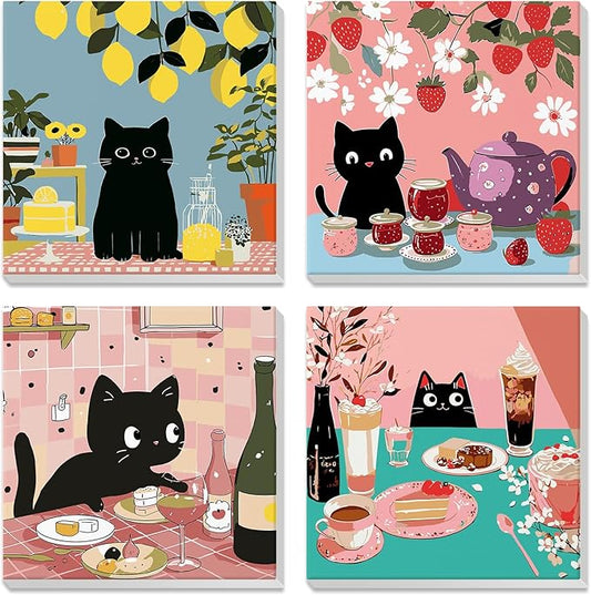 4 Pack Paint by Numbers Kit for Kids Beginner with Wooden Frame, Funny Black Cat, Paint by Numbers Kit for Adults, Black Cat Birthday Cakes And Flower, DIY Painting Kits for Home Wall Decor 8x8 inch