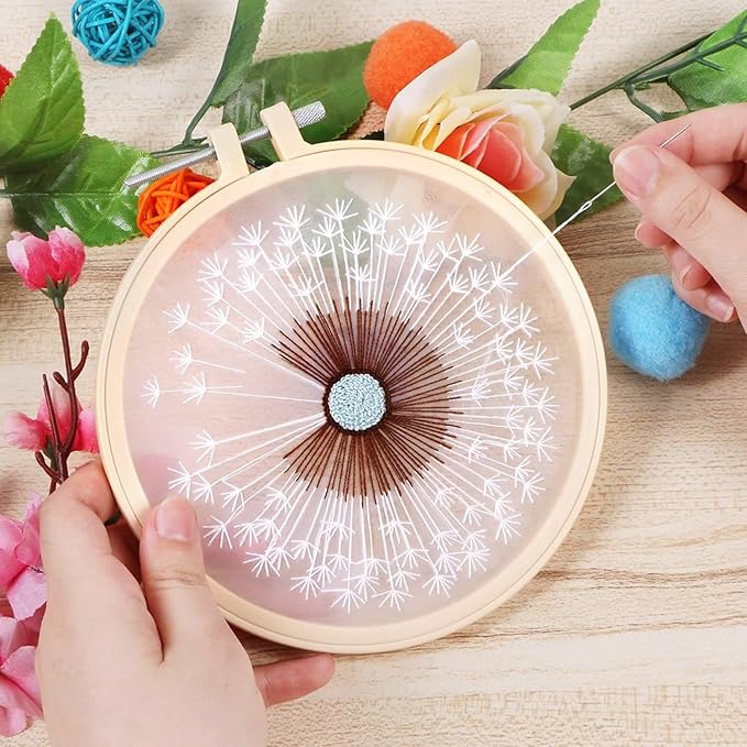 KISSBUTY Full Range Embroidery Starter Kit with Dandelion Pattern, Plastic Hoop, Color Threads, Tools