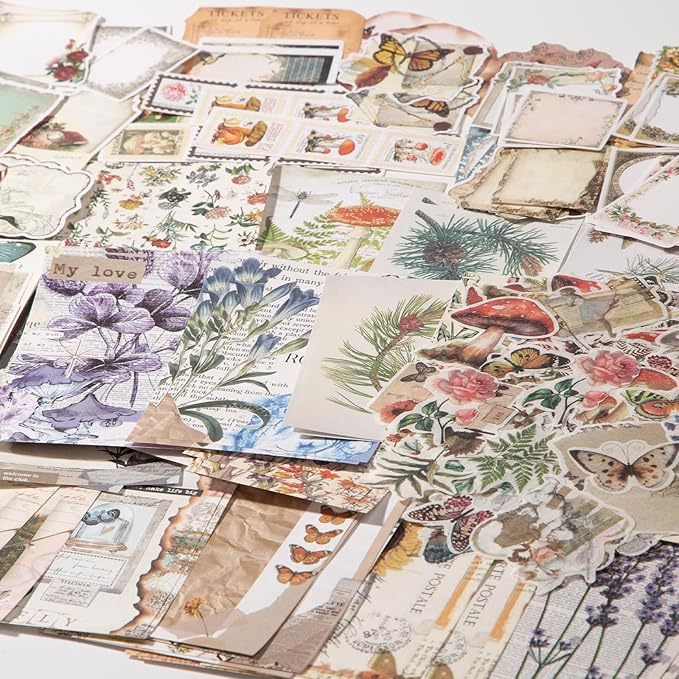 Luyoaozy 200Pcs Vintage Scrapbook Supplies Pack Kit for Junk Journal Bullet Aesthetic Paper Stickers Stuff Journaling Planners Diary Botanical Collage (Plant)