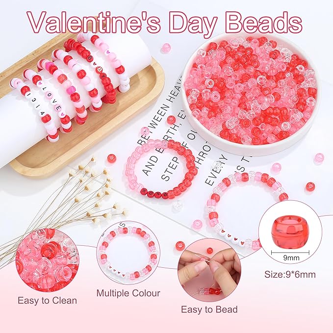 1000Pcs Valentine's Day Pony Beads Pink Red White Bracelets Crafts 6x9mm Bulk Plastic Pony Valentine Beads for Jewelry Making Party Party DIY Crafts Necklace Keychain Romantic Accessories
