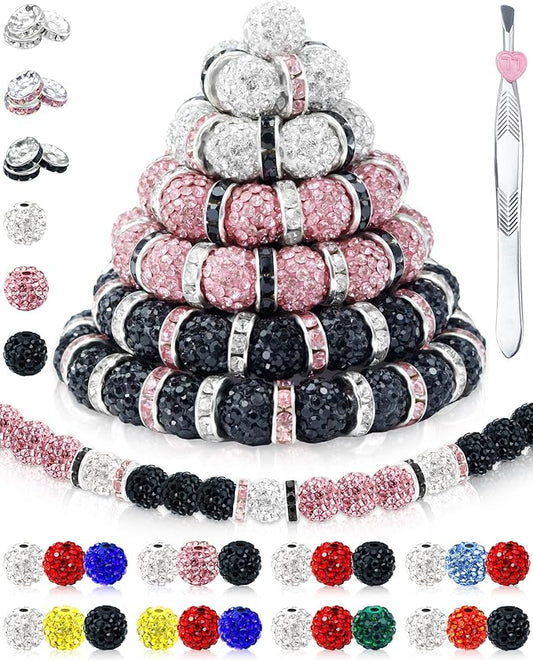 180pcs fiveizero 10mm rhinestone beads for jewelry making – sparkly round crystal clay beads & spacers in baseball team colors for bracelets, necklaces & diy crafts (black, white, pink)