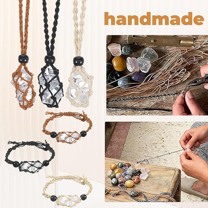 6PCS Adjustable Crystal Holder Necklace Cage and Bracelet Cord Holders, Empty Stone Necklaces Cord Hand-Woven Replacement Pendant Net Cages for Quartz Gemstone, DIY Jewelry Making(3 Colors)