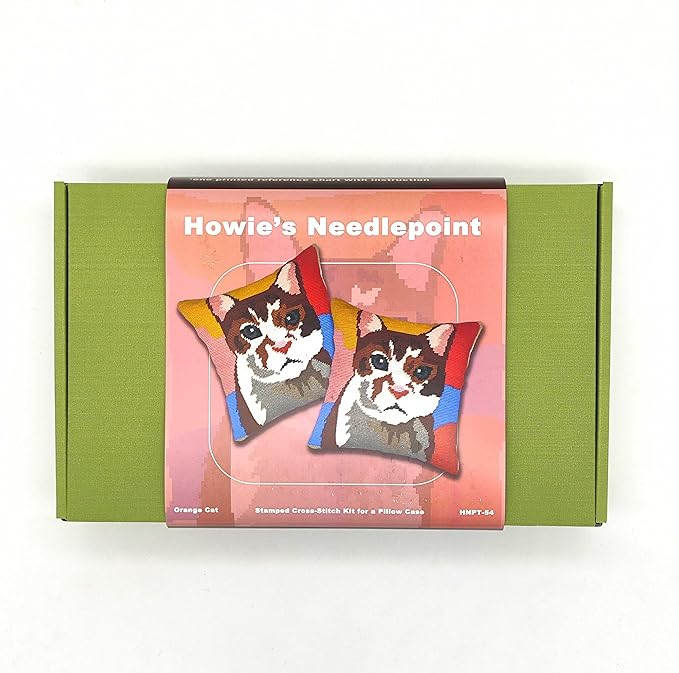 Howie's Needlepoint Needlepoint Kits for Adults, Pillow Front Cross Stitch Kit with Embroidery Pattern on Canvas, Yarn, 2 Needles and Instruction, 16 x 16inch(Cat)