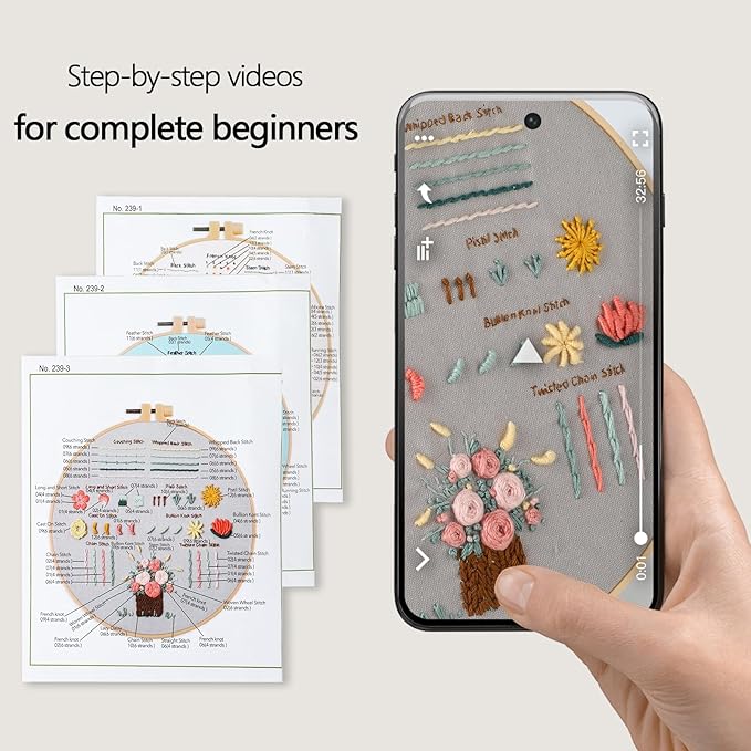 JOINRUN Beginner Embroidery Kit for Adults, 3 Pack Cross Stitch Kits with Pre-Printed Patterns, Threads, Needles, Learn Stitches with 7.8" Hoop, Video Tutorial, DIY Needlework Craft Gift for Women