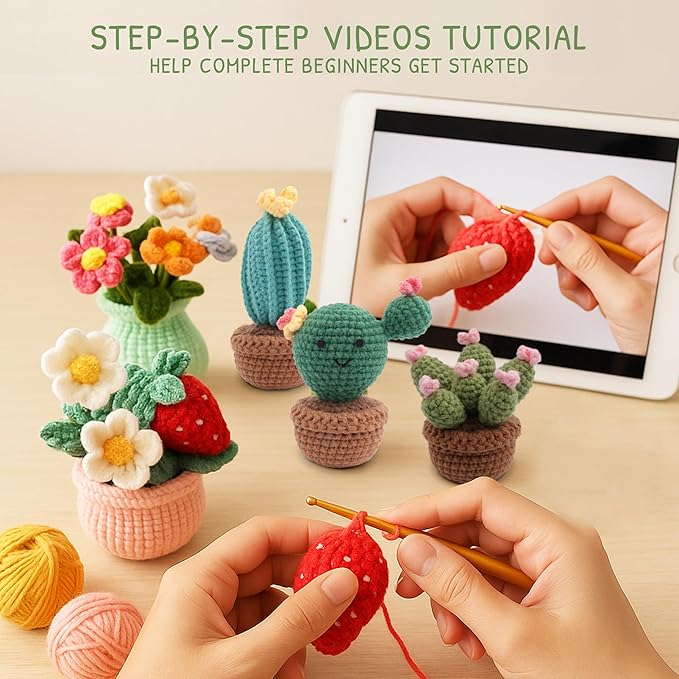 HOUSE CREATIVITY Crochet Plant Kit for Beginners – Mini Succulent & Cactus Garden (5 Plants), Amigurumi Crochet Starter Kit with Video Tutorial, Yarn & Pots, Cute Desk Decor DIY Craft Gift