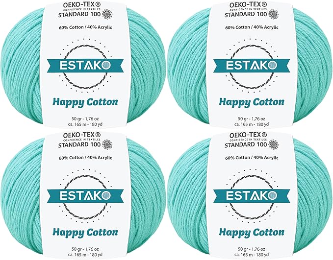 Estako Happy Cotton, (4 Skeins Pack) 60% Cotton 40% Acrylic Yarn, Soft, Fine/Sport (2) for Crochet and Knitting (4 x 1.76 Oz) / (4 x 180 Yrds) (4260 - Cyan)