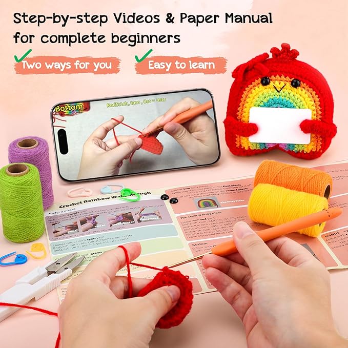 Agantree art Crochet Kit for Beginners Kids Teens Adults Rainbow Crochet Kits with Step-by-Step Video Tutorials, DIY Custom Easter Basket Stuffers Gifts Birthday for Girls Friends Women (40%+ Yarn)