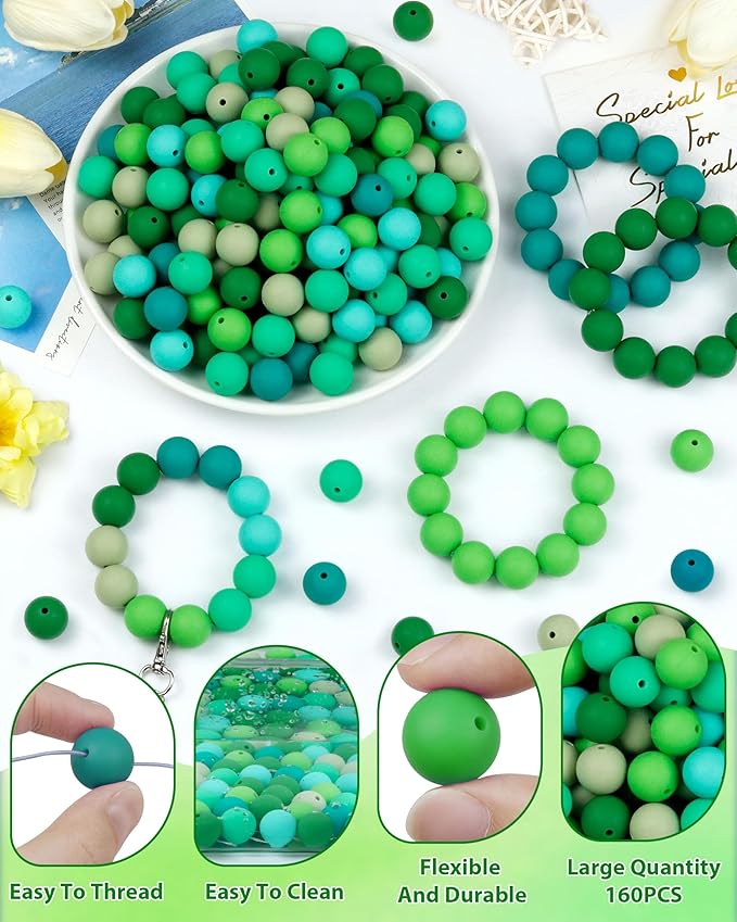 160pcs fiveizero 15mm silicone beads for keychain making - mixed color round rubber beads bulk, diy craft supplies for bracelets necklaces pens(green)