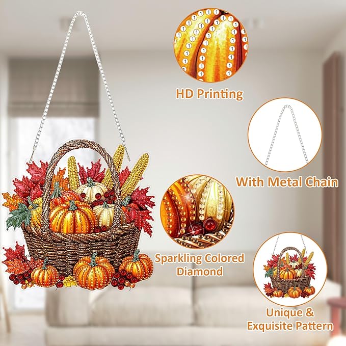 SENQAO Halloween Diamond Art Hanging Kits for Adults Beginners, DIY Acrylic 5D Special Shaped Crystal Diamond Gem Art Painting Hanging Ornament for Home Wall Decor and Gift（Fall Pumpkin Basket）