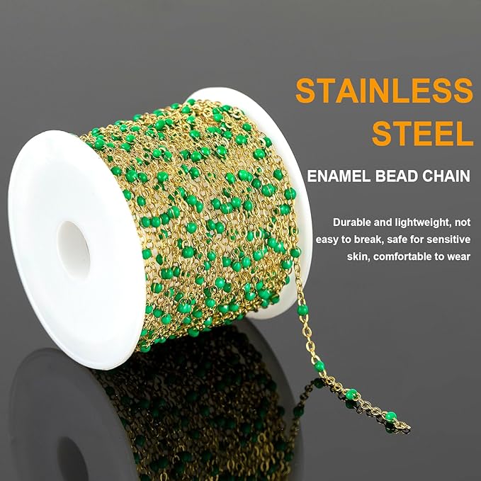 KYUNHOO 16.4 Feet Gold Plated Jewelry Chain Roll Stainless Steel Cable Chain Links Green Bead Rosary Chains with Jewelry Findings for Necklace Bracelet Making