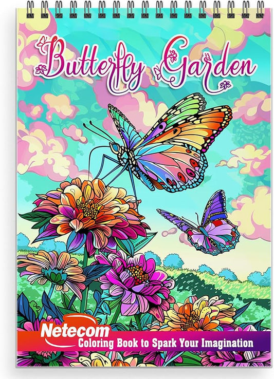 Netecom Butterfly Garden Adult Coloring Book for Adults, Spiral Bound Softcover, 30 Detailed Butterfly Garden Scenes for Stress Relief and Relaxation