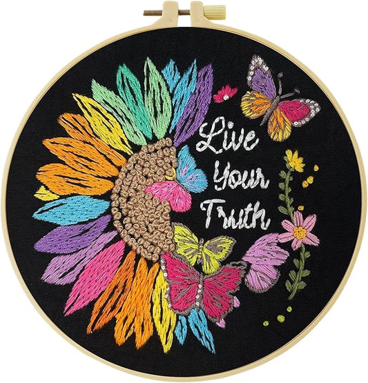 HKLIOPU Embroidery Set for Beginners Art Crafts Easy Sewing Includes Embroidery Clothes with Pattern, Hoop, Instruction Manual, Color Stitch Set,All Inclusive Starter Set,Unique DIY Gift