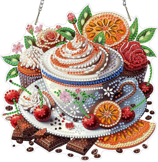 MXJSUA Fruit Coffee Diamond Art Hanging Kits for Adults Beginners, DIY Acrylic Special Shaped Crystal Diamond Gem Drills Pendant Art Painting Ornament for Home Wall Decor Gift