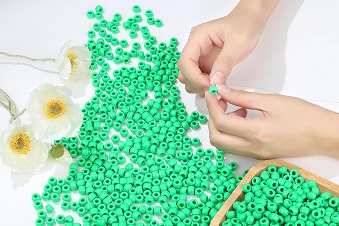 1000 Pc Boxed Light Green Pony Beads Bulk, 9MM Plastic Craft Beads with Large Hole, Green Hair Bead for Braids, Bracelet Bead for Jewelry Making