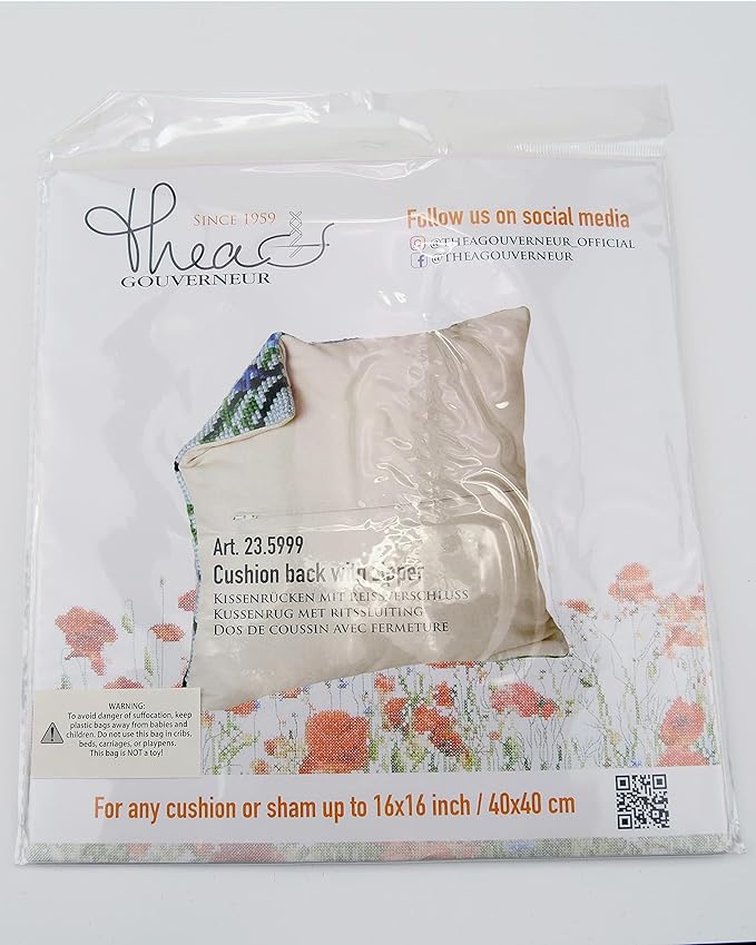 Thea Gouverneur Cushion Back Kit with Zipper - Set of 3 - Beige - for Any 16x16 Inch (40x40cm) Cushion- Cross Stitch Creations - Embroidery - Embroidery Kit for Adults - 23.59993