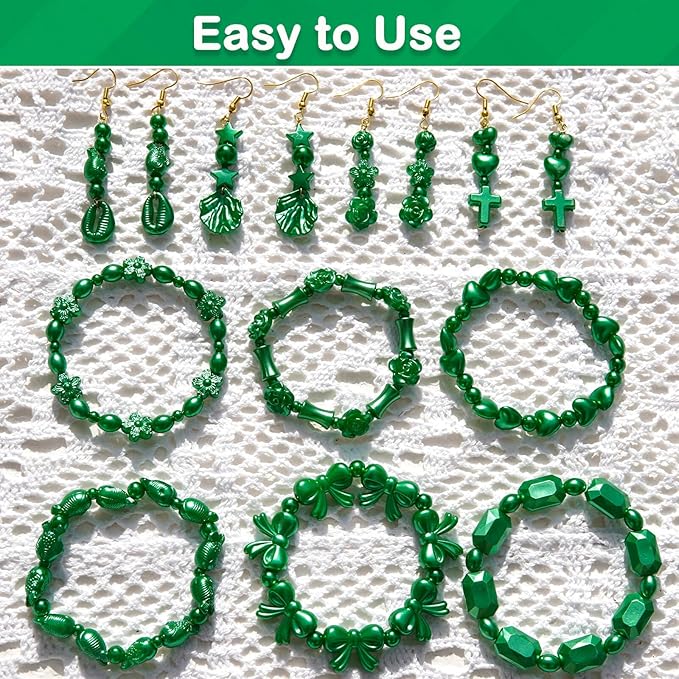 1170 Pcs ABS Imitation Pearl Beads for Jewelry Making, Assorted Heart Star Bowknot Circle Flower Aesthetic Cute Bead for Bracelet Necklaces Earrings Key Chains DIY Phone Charm Crafts (Green)