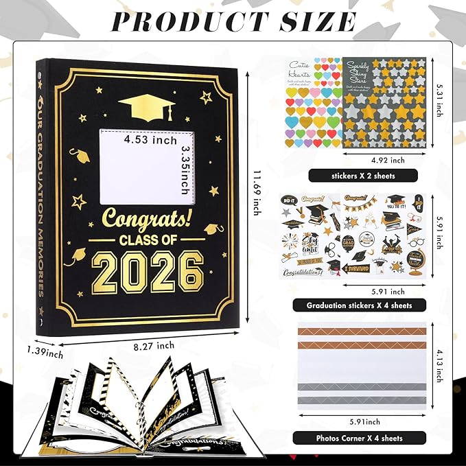 Pasimy Graduation Scrapbook Kit A4 Photo Album 60 Pages Removable DIY Memory Scrap Book Grad Picture Album with Stickers Holds 4x6 5x7 8x10 Pictures for Grad Class of 2026 Graduation Gifts(2026)