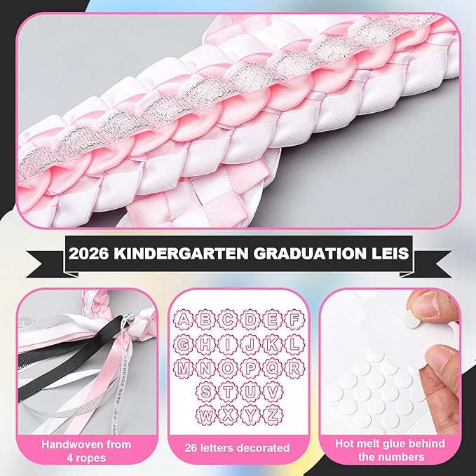 Juexica Kindergarten Graduation Ribbon Leis Class of 2026 Braided Necklace Making Kit with Alphabetic Decorative Cards Preschool Kids Grad Graduation Party Gifts(Pink, White)
