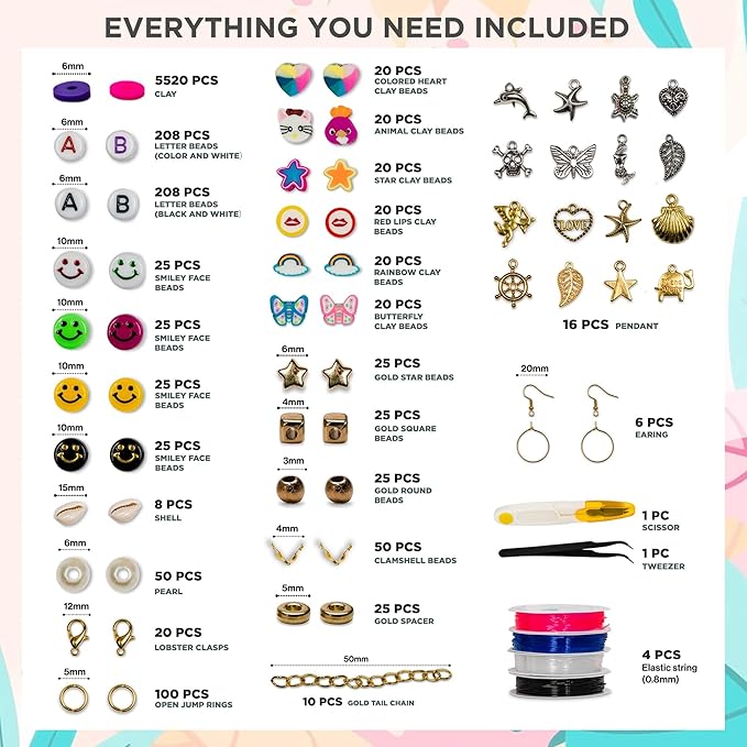 6525 Pcs Bracelet Making Kit for Beginners, Friendship Bracelet Making Kit for Girls Teens Adults, Includes Letters Beads & Smiley Beads, Polymer Clay Beads Jewelry Making Kit with 2 Storage Boxes