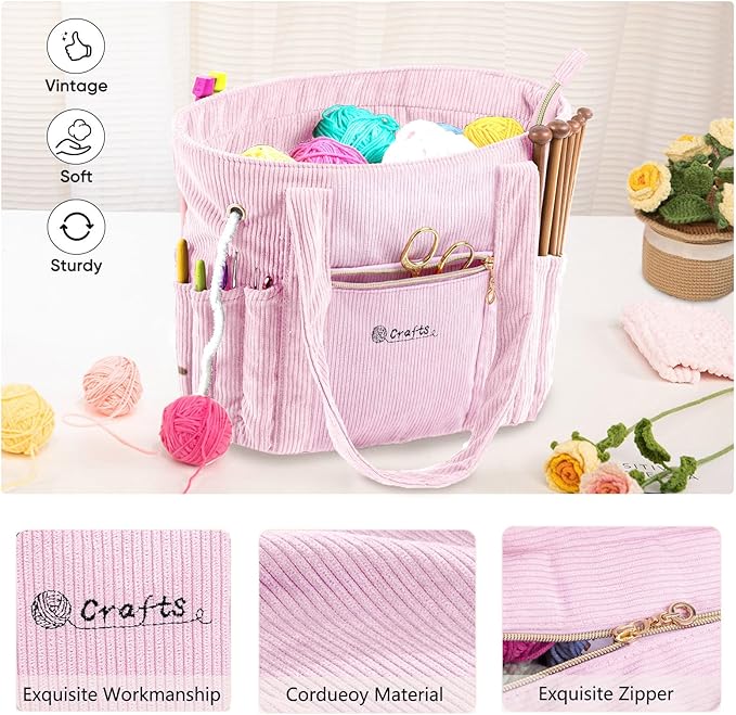 Corduroy Crochet Bag 11.5" Large Yarn Storage Tote with Grommets, Needle Holders – Knitting Bag Organizer for Crochet Hooks, Accessories, Tools & Projects –Gift for Knitters & Crafters