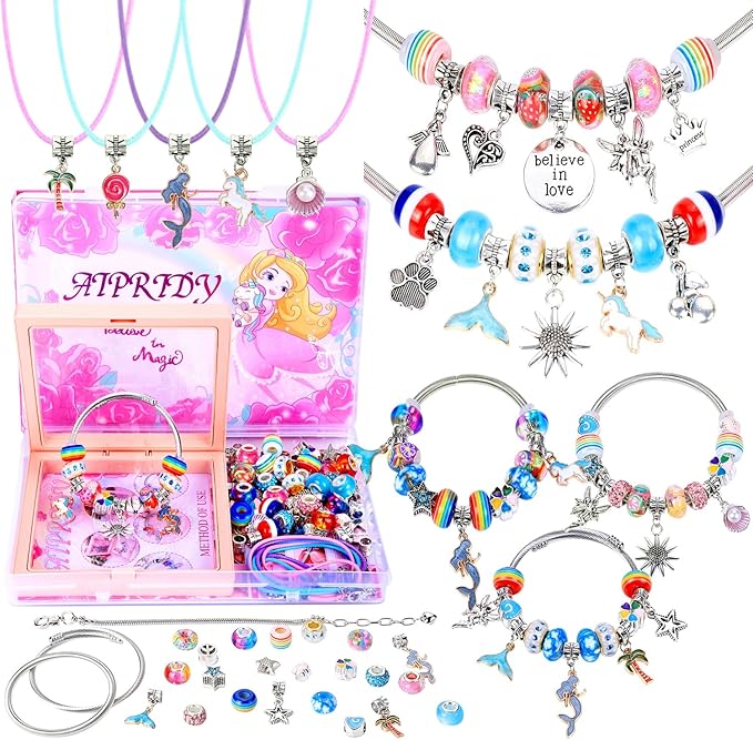 aipridy charm bracelet making kit,unicorn mermaid crafts gifts set can inspires imagination and creativity,jewelry making kit perfect gifts for girls 5-12 years old (72 pieces rose)