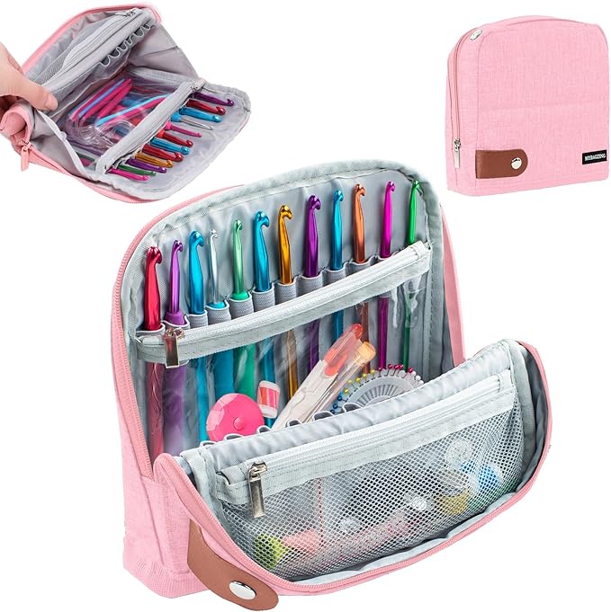 MYBAGZING Empty Crochet Hook Case, Stand-Up Waterproof Crochet Organizer with Multiple Pockets, Portable Storage Holder for Knitting & Crochet Accessories (Case Only)