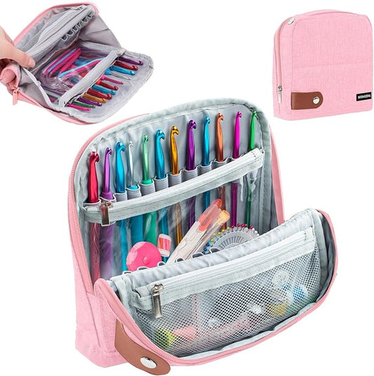 MYBAGZING Empty Crochet Hook Case, Stand-Up Waterproof Crochet Organizer with Multiple Pockets, Portable Storage Holder for Knitting & Crochet Accessories (Case Only)