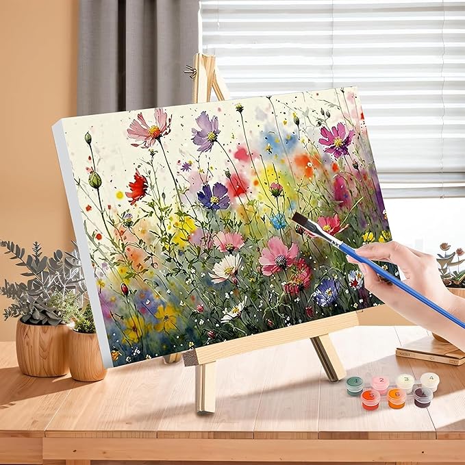 Wild Flower Paint by Numbers for Adults with Framed Canvas-with Wooden Easel,Paint by Number on Canvas Flowers,DIY Acrylic Oil Painting Kits with Brushes Nice Gift Box for Home Wall Decor(12x16inch)