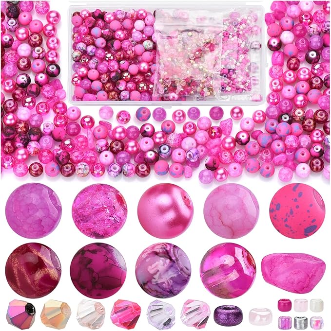Rired 27 8mm Round Glass Beads Kit, Craft Beads for Bracelet Making, Hot Pink Color with 4mm Bicone Crystal Beads, 2-4mm Spacer Seed Beads for Jewelry Making, Necklace, Phone Charms, DIY Earrings