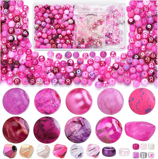 Rired 27 8mm Round Glass Beads Kit, Craft Beads for Bracelet Making, Hot Pink Color with 4mm Bicone Crystal Beads, 2-4mm Spacer Seed Beads for Jewelry Making, Necklace, Phone Charms, DIY Earrings