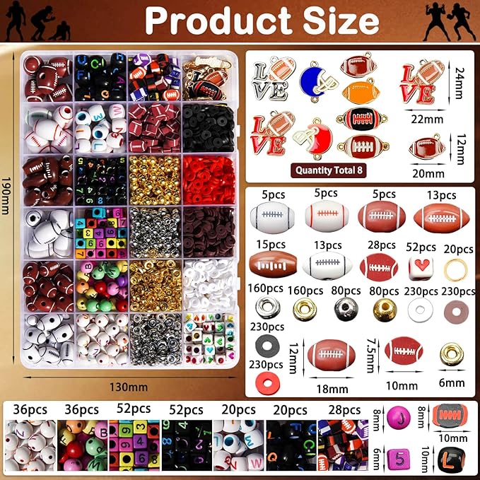 1800+PCS Football Beads Jewelry Making Kit – Acrylic & Polymer Clay Sports Charms, Heishi & Spacer Beads, Letter/Number Beads – DIY Football Bracelets, Necklaces, Keychains, Lanyards Sport Fan Crafts