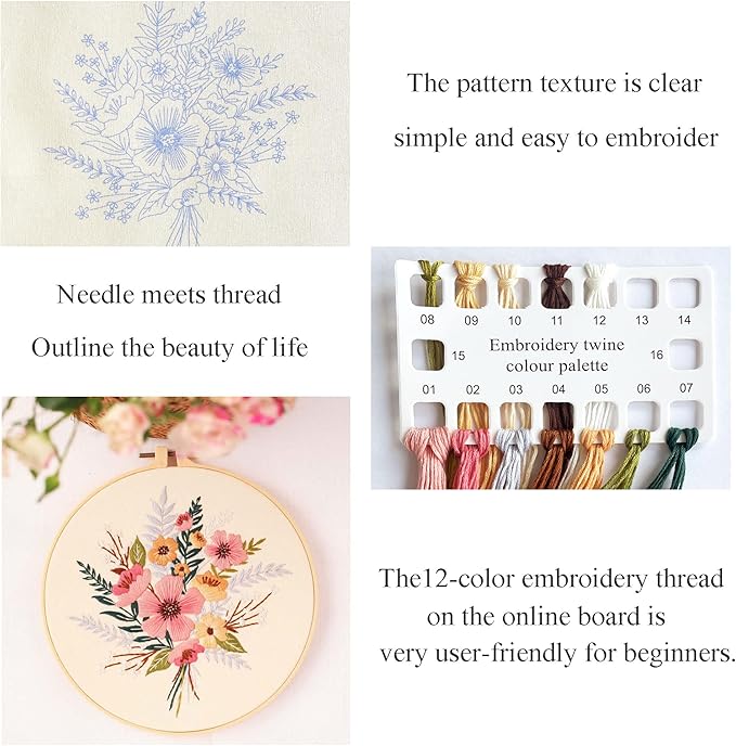 Silentsea Embroidery Kit, Floral and Nature Designs, 3-Pack with Hoops, Needlework Pattern Set (Flower)