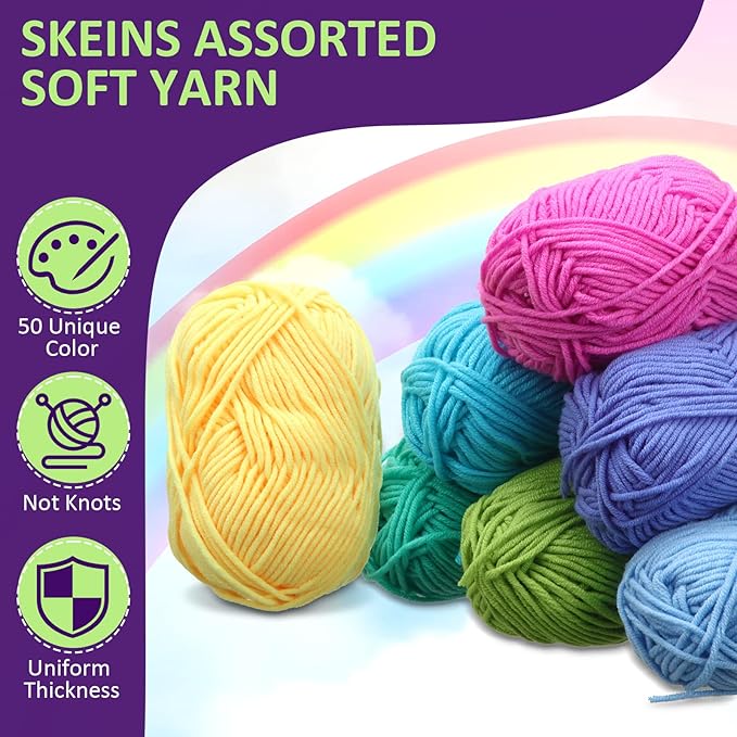 Kenning 50 Rolls Acrylic Yarn Skeins Bulk Assorted Soft 4390 Multicolor Crochet Yarn Mini Winter Gifts for Knitting Crocheting Adults Craft Project, 50 Colors