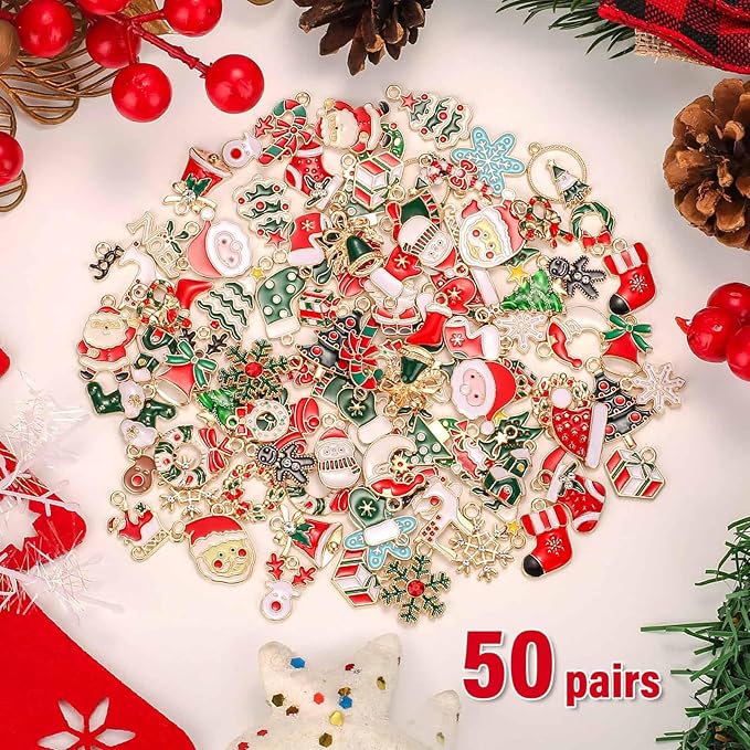 Acejoz 100Pcs 50 Pairs Christmas Charms for Jewelry Making and Bracelets, Gold Enamel Jewelry Pendants for Xmas Earring Bracelet Necklace Craft Making