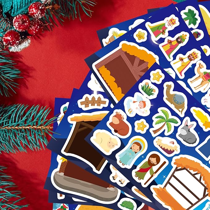 32 sheets christmas nativity stickers, make a nativity scene sticker jesus birth stickers, christmas crafts for kids, religious bible scene party favor christian craft school classroom activity