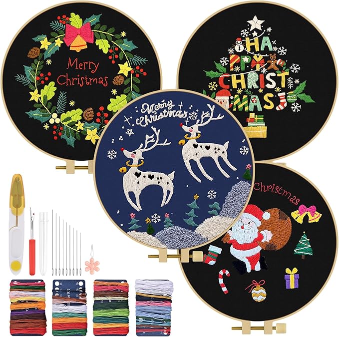 TINDTOP Christmas Embroidery Kit for Adult, 4 Pack Embroidery DIY Starter Kit, with Stamped Patterns, Hoop, Tools, Colorful Threads with Needles, Instructions