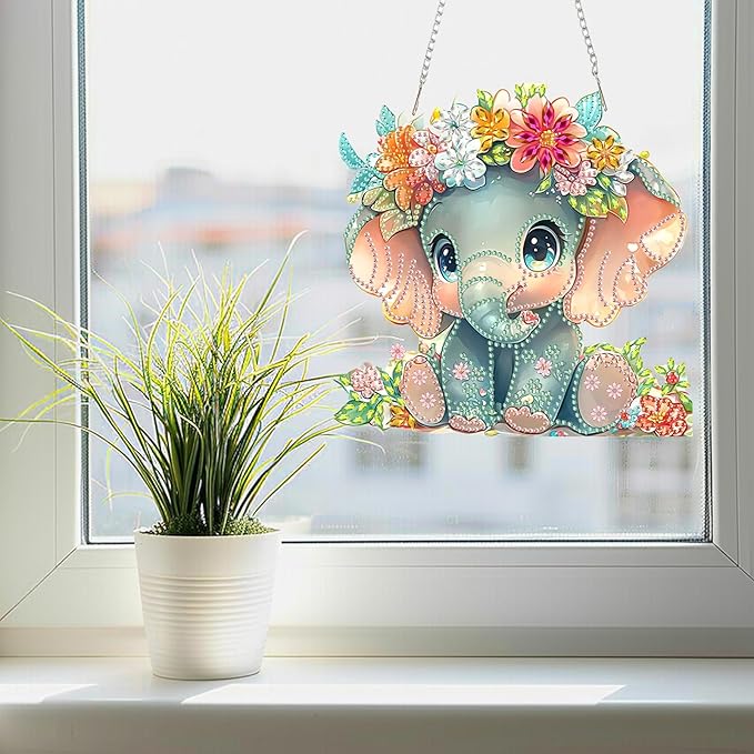 SENQAO Elephant Diamond Art Hanging Kit for Adult, Special Shaped Rhinestone, DIY Acrylic 5D Diamond Art Painting Window Pendants Home Garden Wall Hanging Kits Hanging Ornament