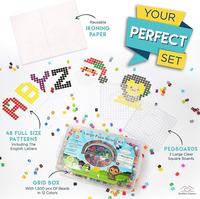 fuse beads kit of 1500 large 10mm melty beads perfect for ages 4-7 with 48 patterns and pegboard arts and crafts for girls and boys