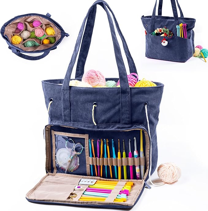 Large Yarn Tote Organizer – Corduroy Knitting Storage Holder for Yarn, Hooks & Accessories, Portable Craft Carryall for Crocheting Lovers, Mother’s Day Gift