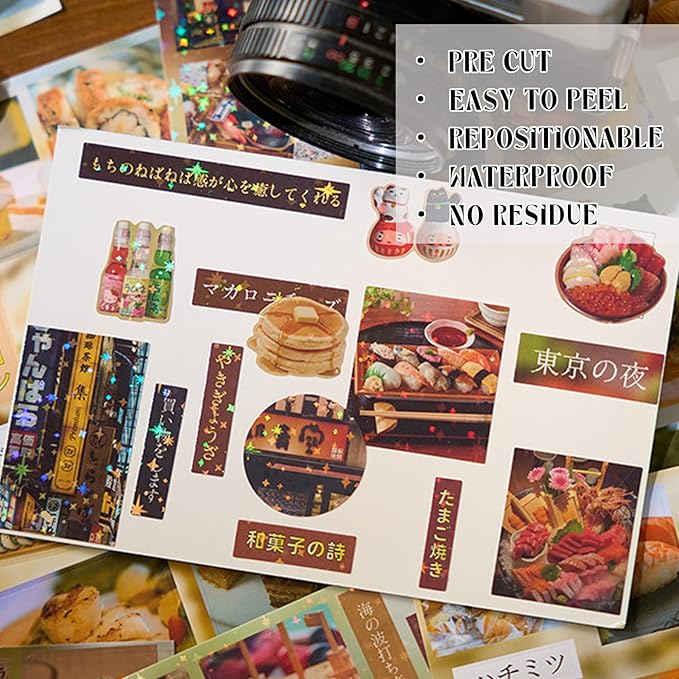 Japanese Food Sticker Book - 20 Sheets Kawaii Sushi Ramen Stickers for Journals, Planners, Scrapbooking & Water Bottles - Retro Izakaya Vibe Vinyl Decals (277 Pcs, Brown)